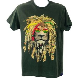 The Young & Wild Men's Medium Green T-Shirt Lion With Dreads